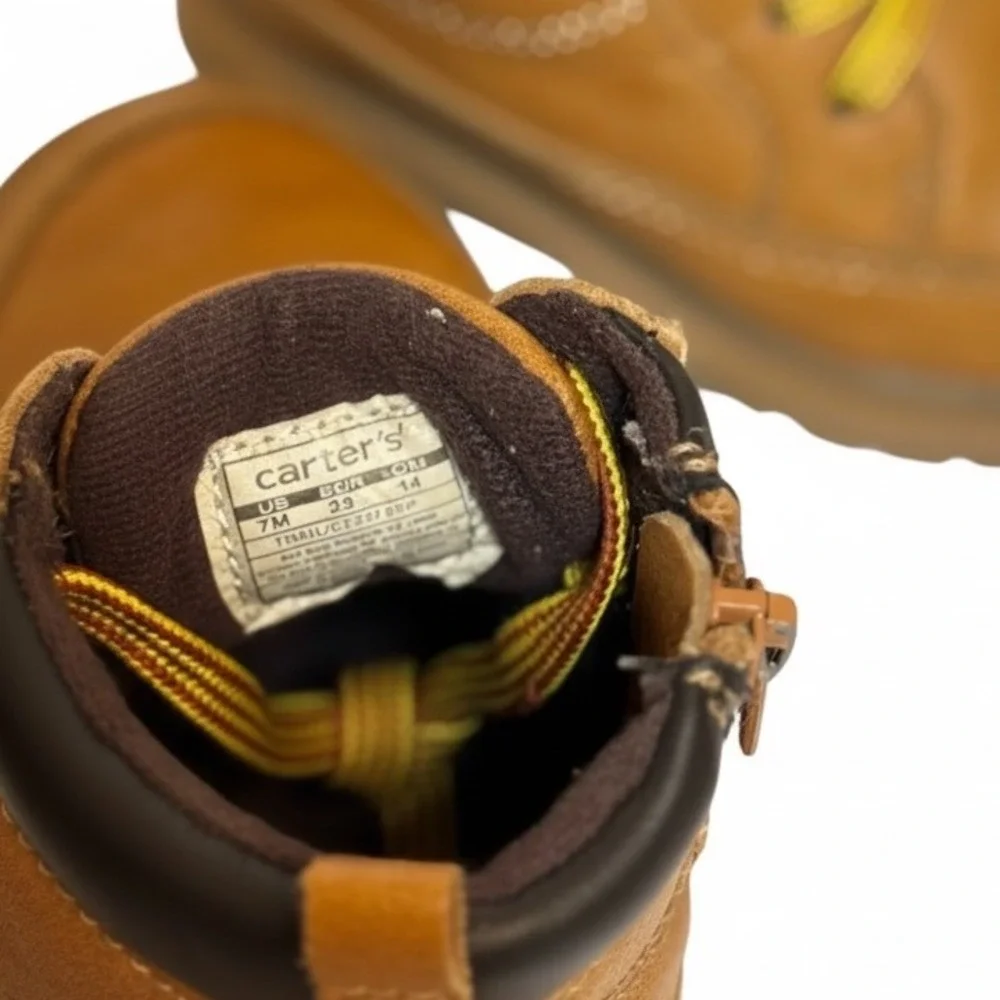 Carters Toddler Boys Tan Faux Leather Work Boots Side Zip Size 7M Brown Rugged